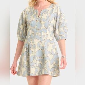 NWT a new day Linen Blend Abstract Floral Dress Size 14 Cream and Blue